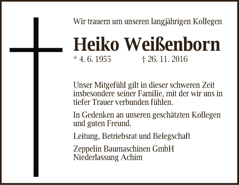  Traueranzeige für Heiko Weißenborn vom 10.12.2016 aus Achimer Kurier/Verdener Nachrichten