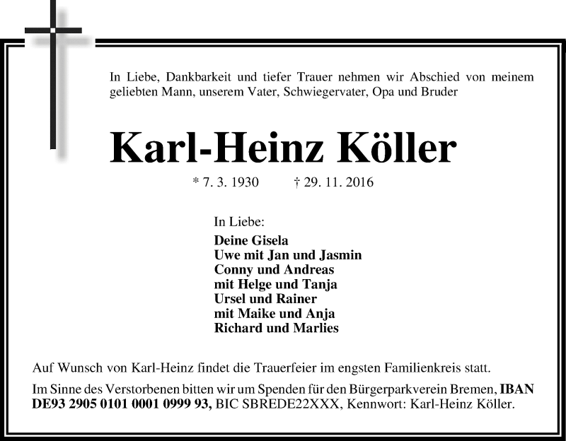 Traueranzeige von Karl-Heinz Köller von WESER-KURIER