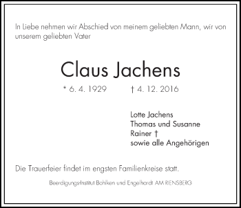 Traueranzeige von Claus Jachens