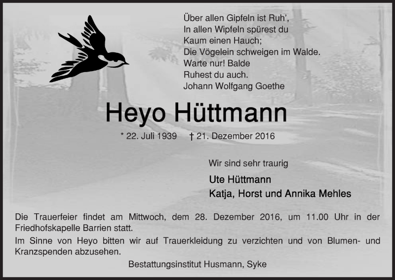 Traueranzeige von Heyo Hüttmann von WESER-KURIER