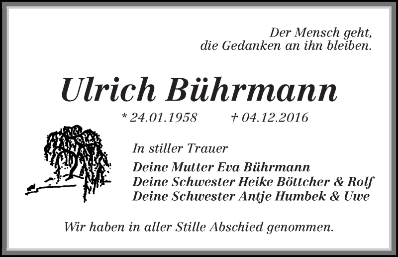  Traueranzeige für Ulrich Bührmann vom 24.12.2016 aus WESER-KURIER