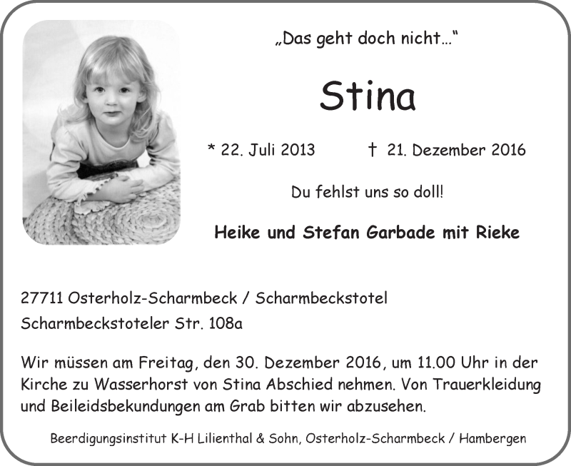  Traueranzeige für Stina Garbade vom 27.12.2016 aus WESER-KURIER