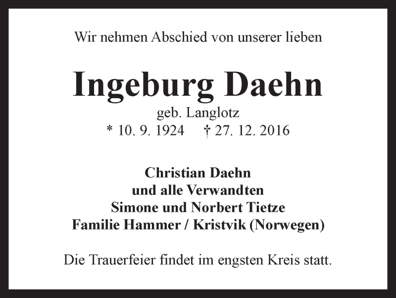 Traueranzeige von Ingeburg Daehn von WESER-KURIER