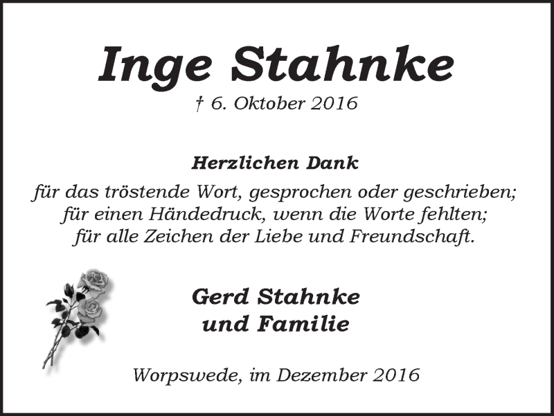 Traueranzeige von Inge Stahnke von Wuemme Zeitung