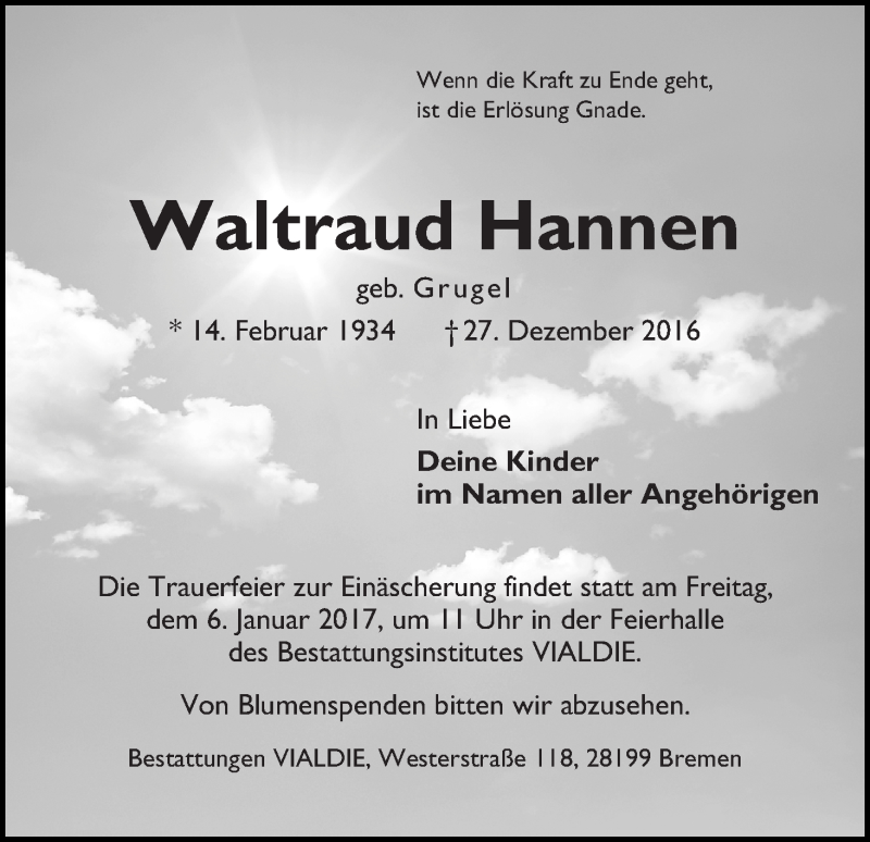  Traueranzeige für Waltraud Hannen vom 31.12.2016 aus WESER-KURIER