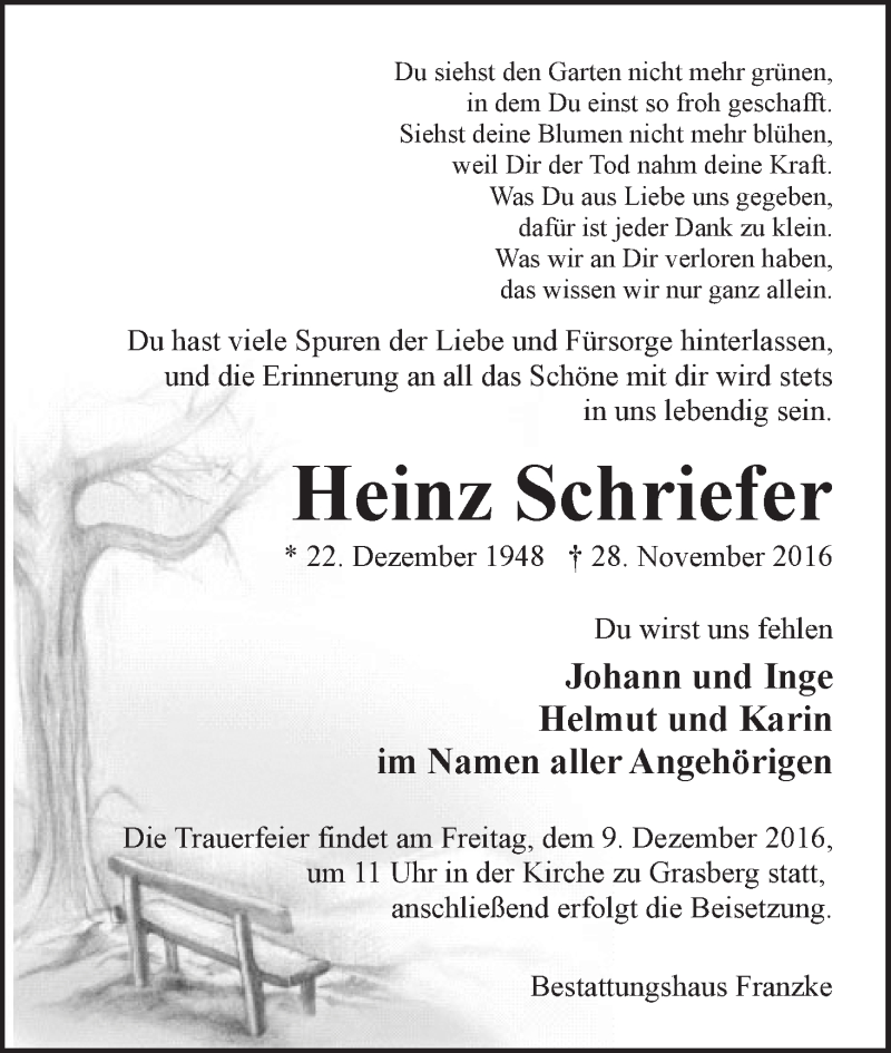 Traueranzeige von Heinz Schriefer von Wuemme Zeitung