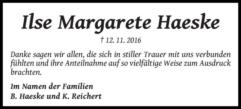 Traueranzeige von Ilse Margarete Haeske von WESER-KURIER