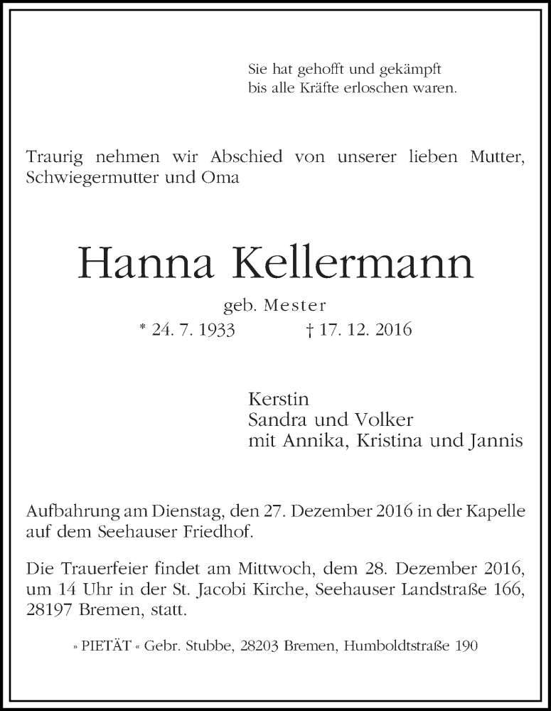Traueranzeige von Hanna Kellermann von WESER-KURIER