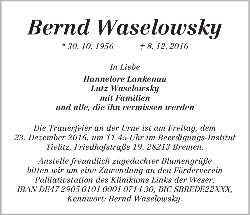 Traueranzeige von Bernd Waselowsky von WESER-KURIER