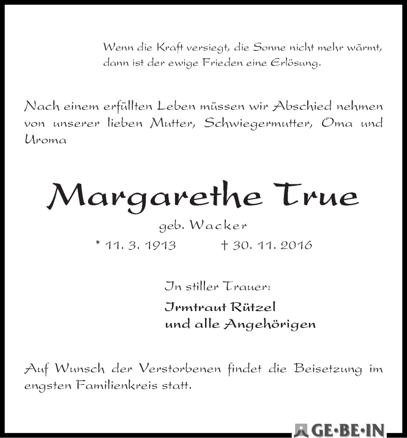 Traueranzeige von Margarethe True von WESER-KURIER