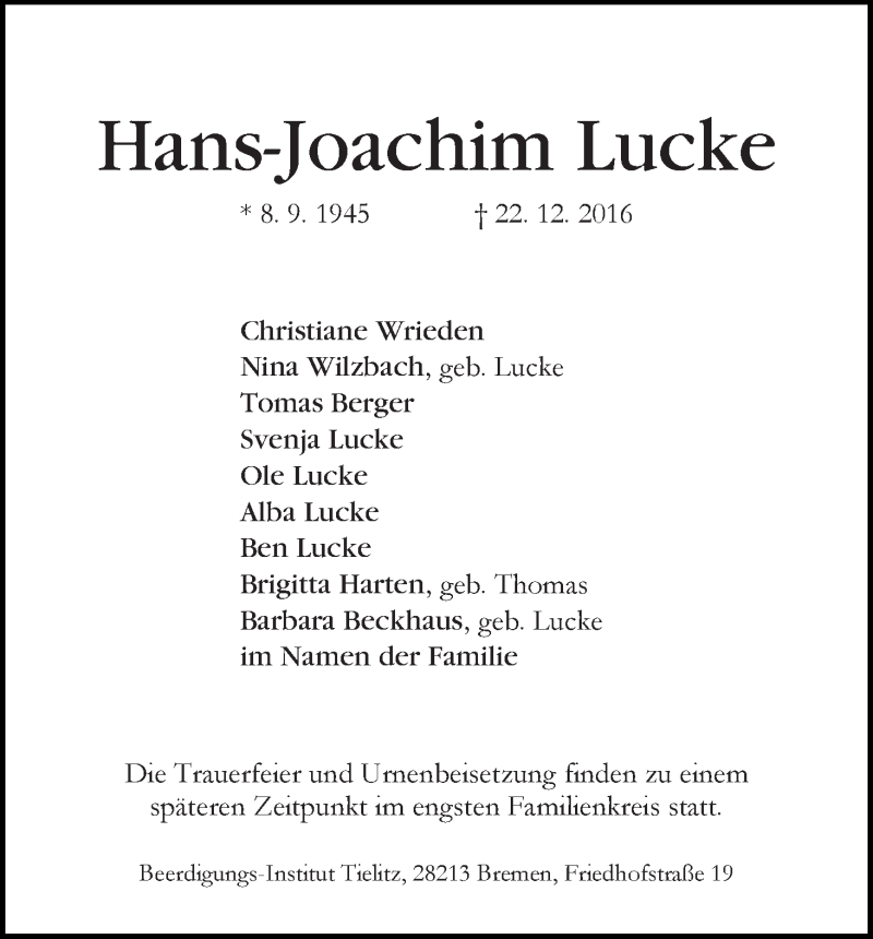 Traueranzeige von Hans-Joachim Lucke von WESER-KURIER