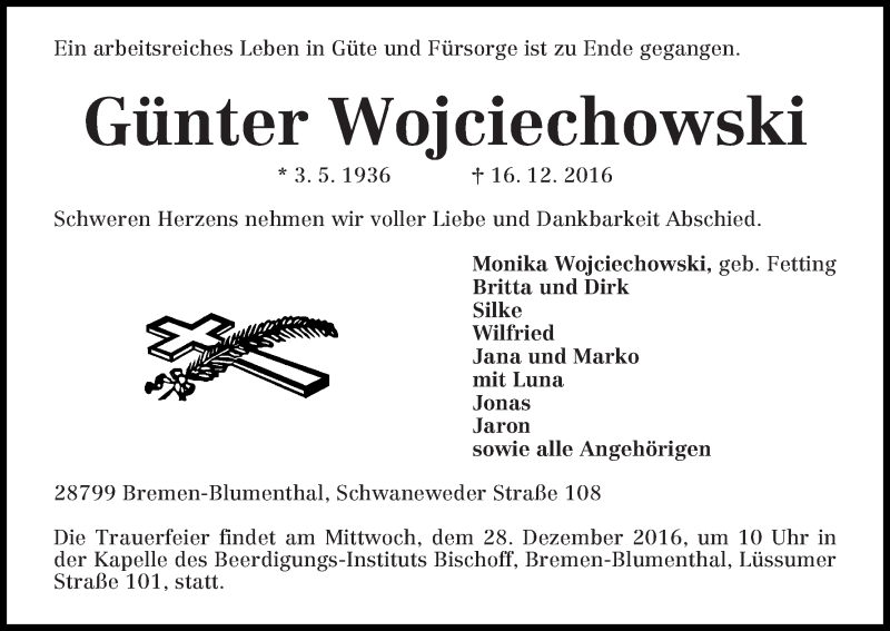 Traueranzeige von Günter Wojciechowski von Die Norddeutsche