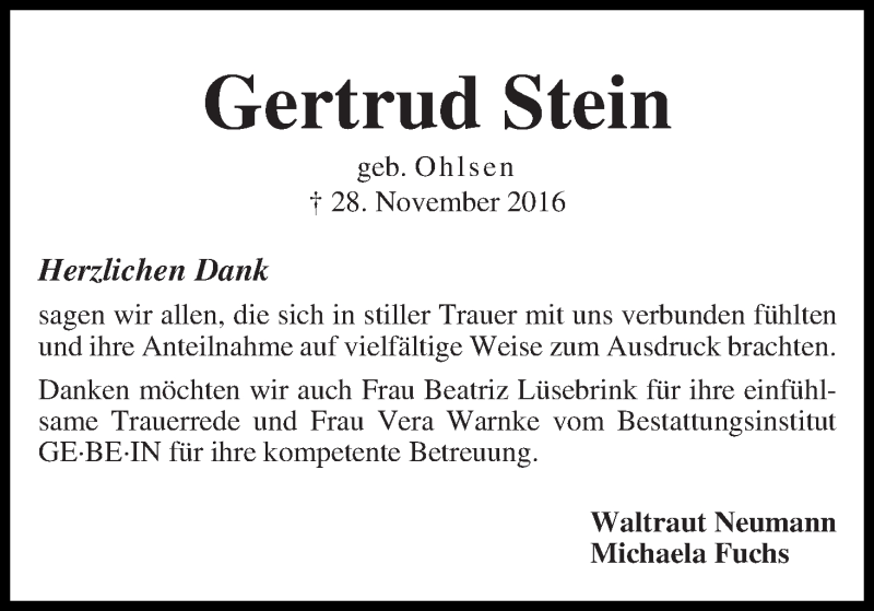Traueranzeige von Gertrud Stein von WESER-KURIER