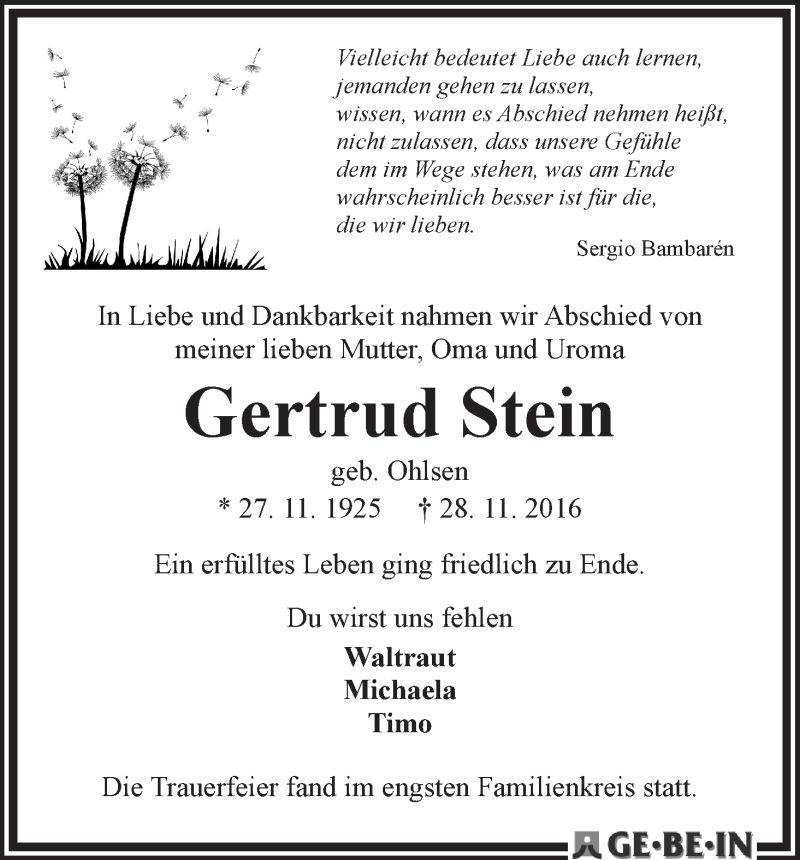 Traueranzeige von Gertrud Stein von WESER-KURIER