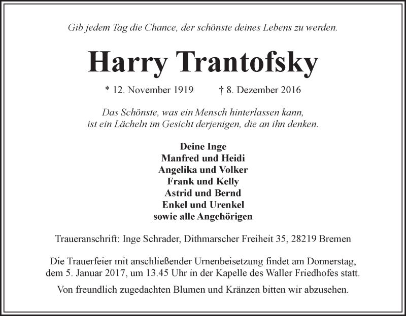 Traueranzeige von Harry Trantofsky von WESER-KURIER