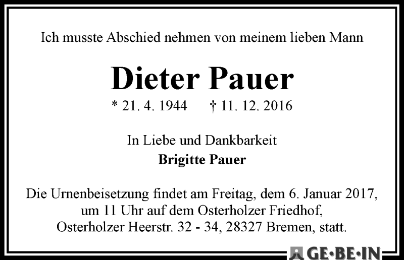 Traueranzeige von Dieter Pauer von WESER-KURIER
