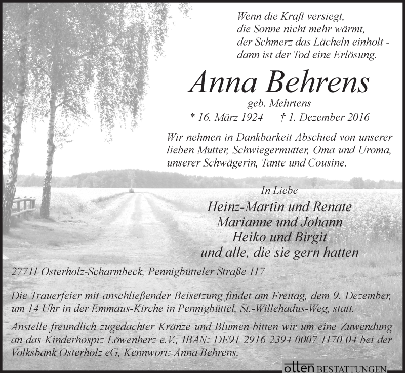 Traueranzeige von Anna Behrens von Osterholzer Kreisblatt