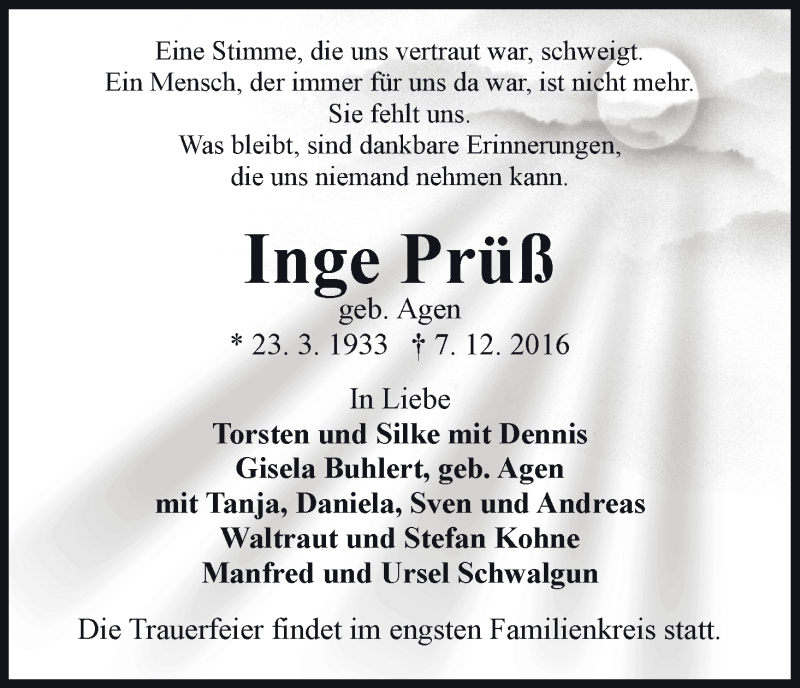 Traueranzeige von Inge Prüß von WESER-KURIER