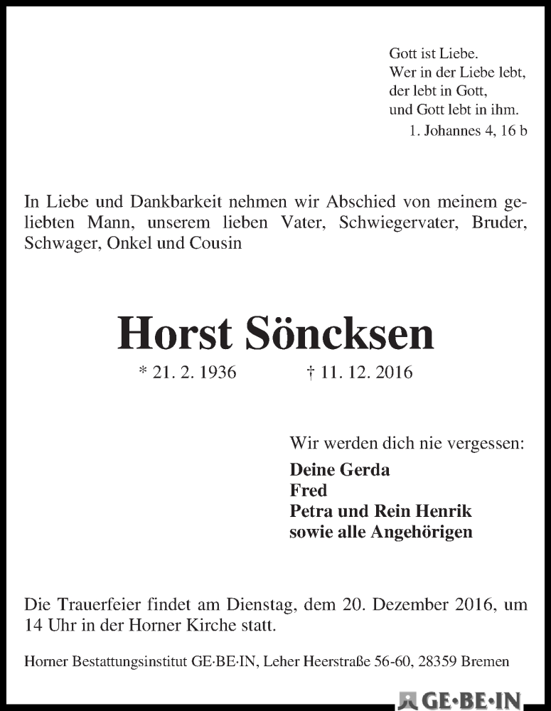 Traueranzeige von Horst Söncksen von WESER-KURIER
