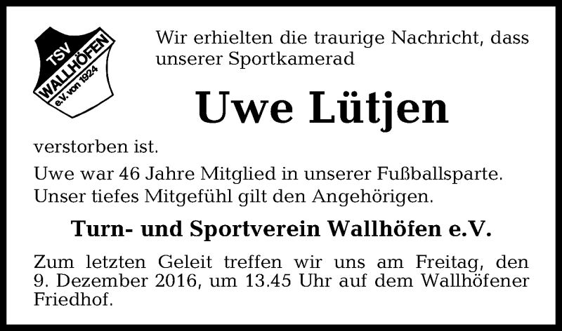 Traueranzeige von Uwe Lütjen von Osterholzer Kreisblatt