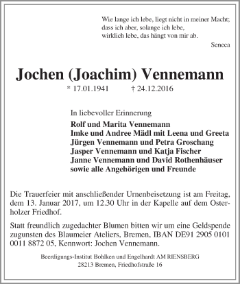 Traueranzeige von Jochen (Joachim) Vennemann