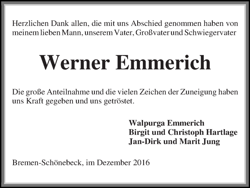 Traueranzeige von Werner Emmerich von Die Norddeutsche