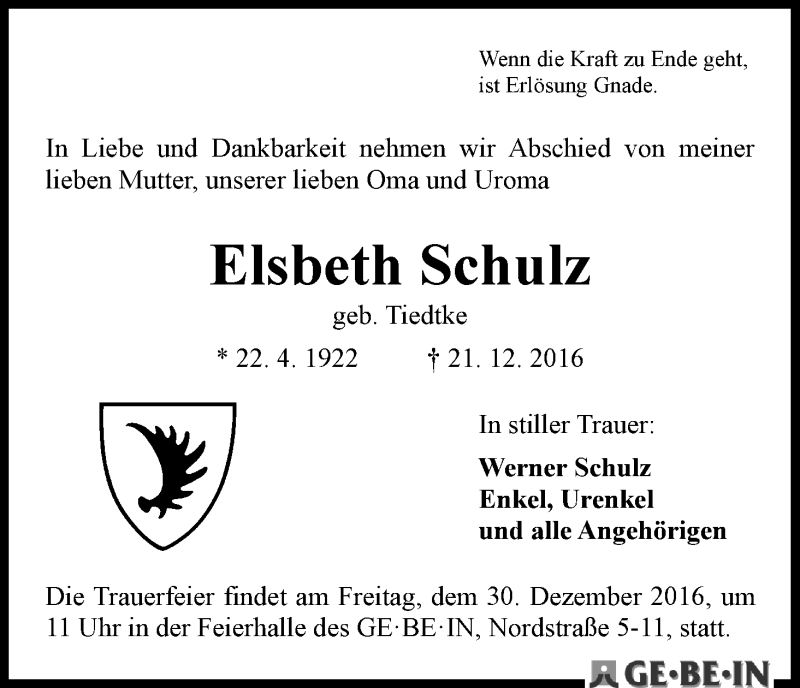 Traueranzeige von Elsbeth Schulz von WESER-KURIER