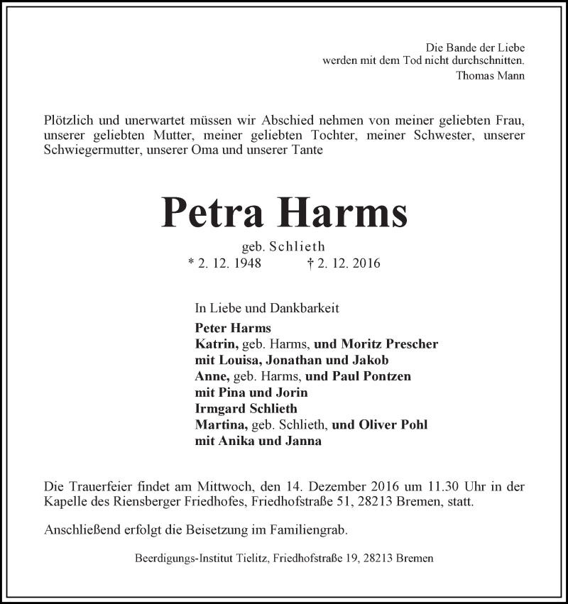 Traueranzeige von Petra Harms von WESER-KURIER