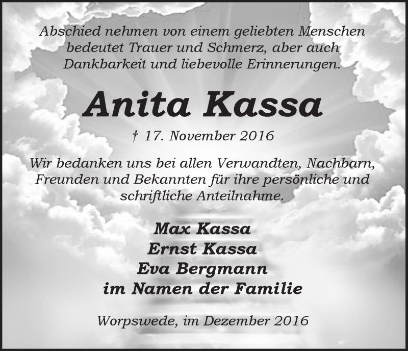 Traueranzeige von Anita Kassa von Wuemme Zeitung