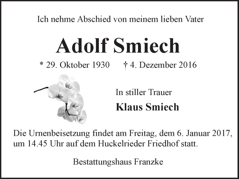 Traueranzeige von Adolf Smiech von WESER-KURIER