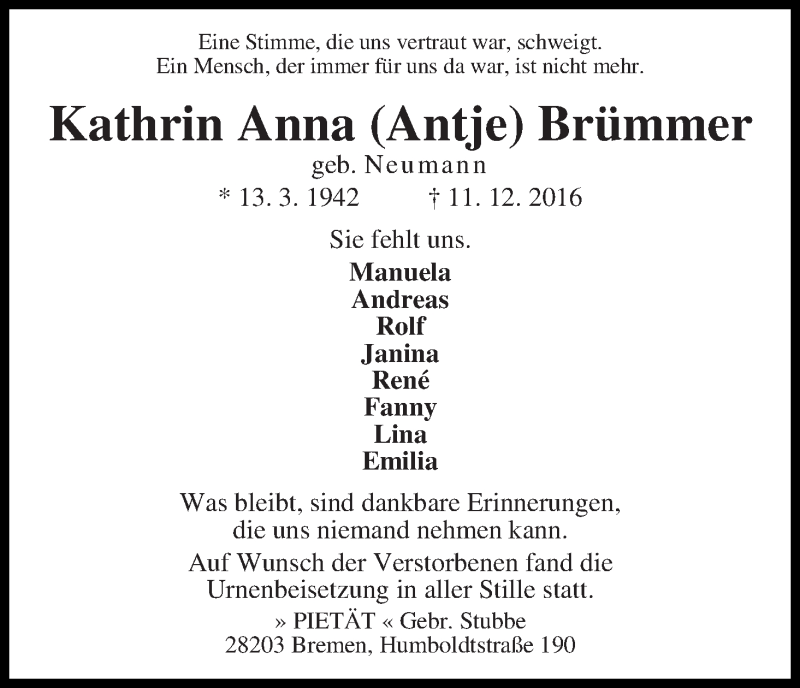 Traueranzeige von Kathrin Anna (Antje) Brümmer von WESER-KURIER
