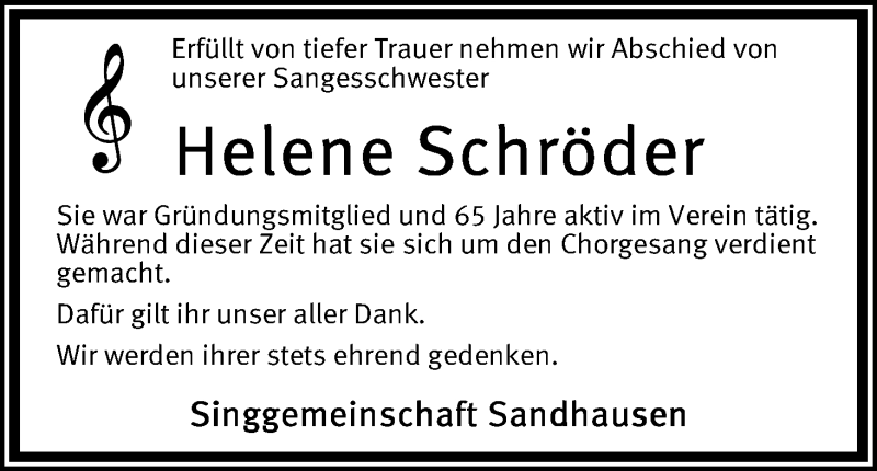 Traueranzeige von Helene Schröder von Osterholzer Kreisblatt