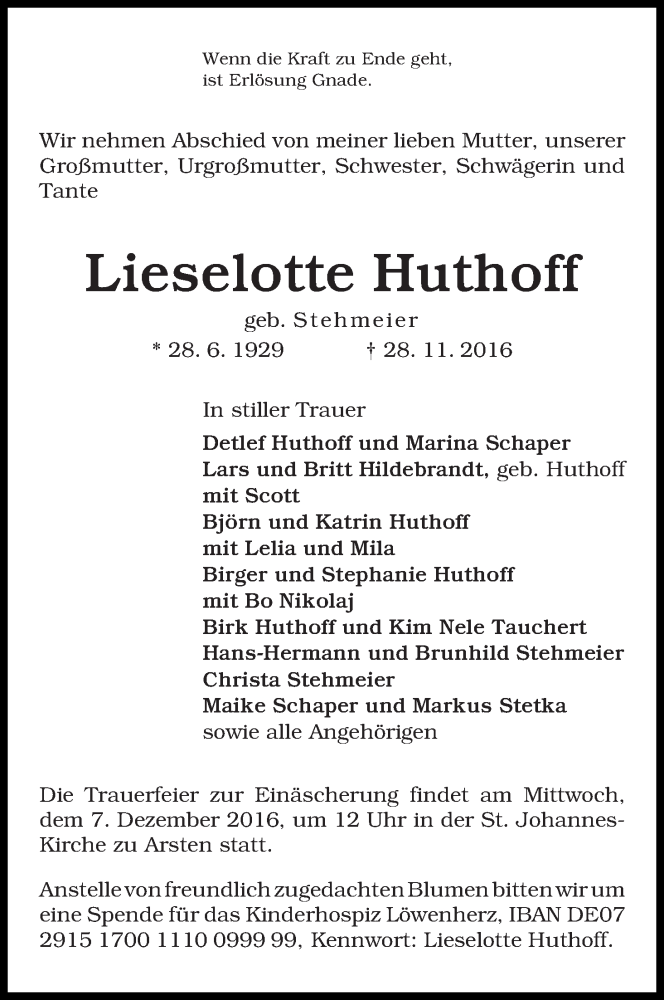 Traueranzeige von Lieselotte Huthoff von WESER-KURIER
