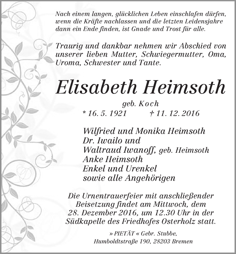 Traueranzeige von Elisabeth Heimsoth von WESER-KURIER