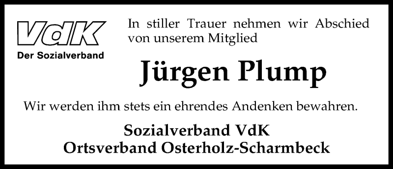  Traueranzeige für Jürgen Plump vom 14.12.2016 aus Osterholzer Kreisblatt