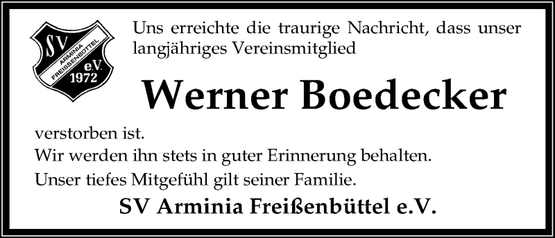  Traueranzeige für Werner Boedecker vom 14.12.2016 aus Osterholzer Kreisblatt