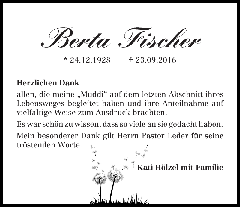 Traueranzeige von Berta Fischer von Die Norddeutsche