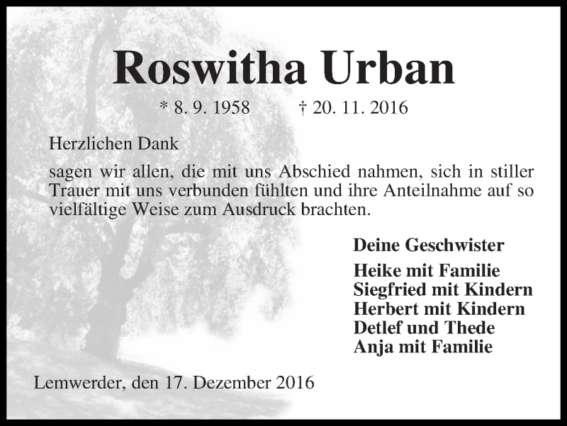 Traueranzeige von Roswitha Urban von Die Norddeutsche