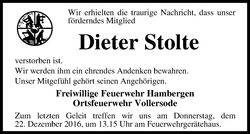  Traueranzeige für Dieter Stolte vom 21.12.2016 aus Osterholzer Kreisblatt