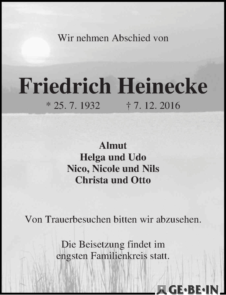 Traueranzeige von Friedrich Heinecke von WESER-KURIER