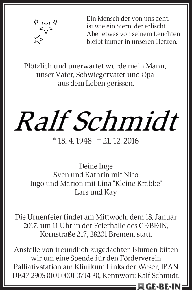 Traueranzeige von Ralf Schmidt von Die Norddeutsche