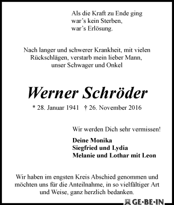Traueranzeige von Werner Schröder