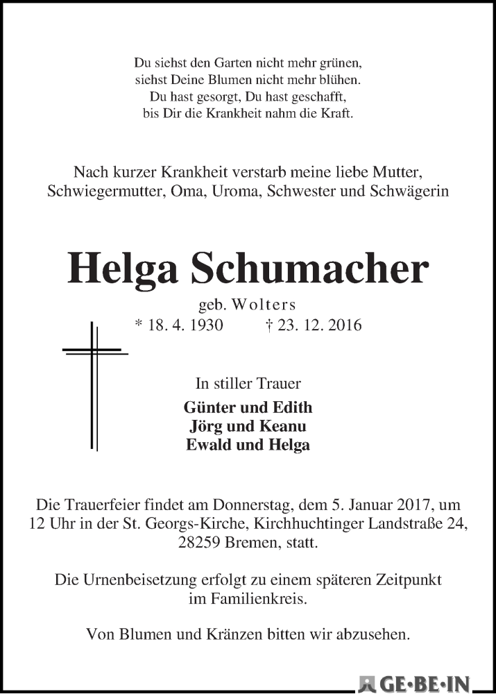 Traueranzeige von Helga Schumacher von WESER-KURIER