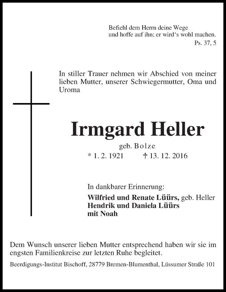 Traueranzeige von Irmgard Heller von Die Norddeutsche