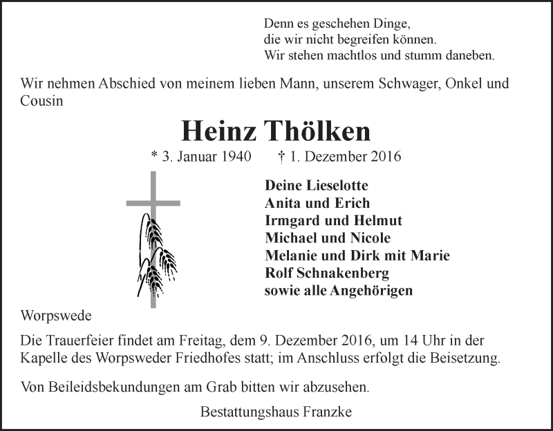 Traueranzeige von Heinz Thölken von Wuemme Zeitung