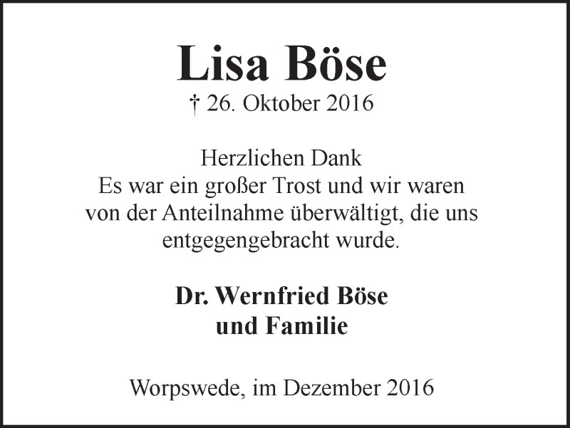 Traueranzeige von Lisa Böse von WESER-KURIER