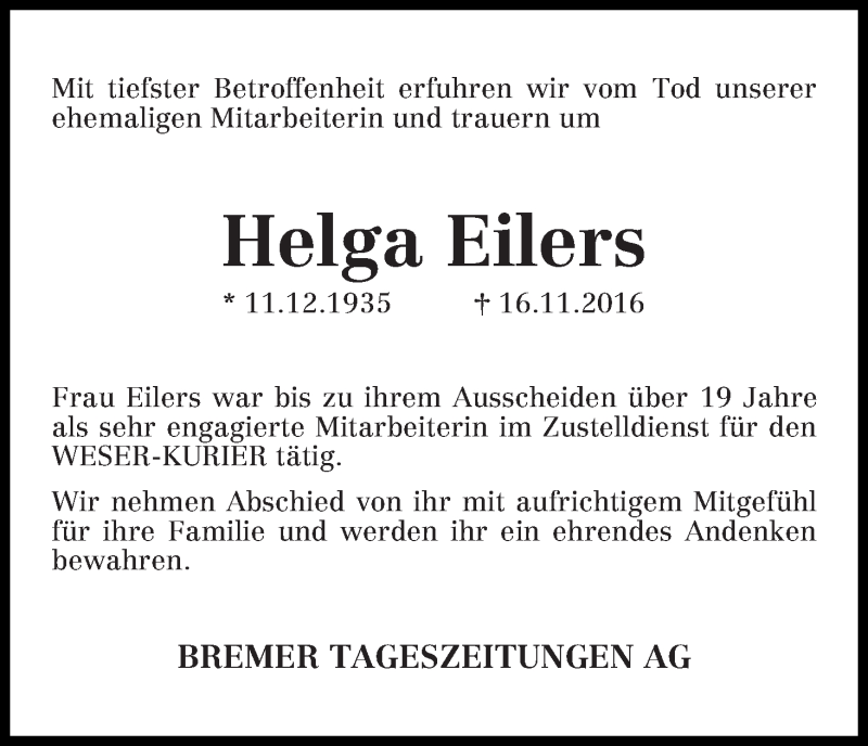 Traueranzeige von Helga Eilers von WESER-KURIER