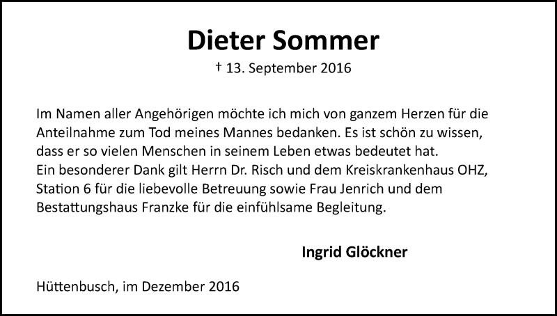Traueranzeige von Dieter Sommer von Wuemme Zeitung