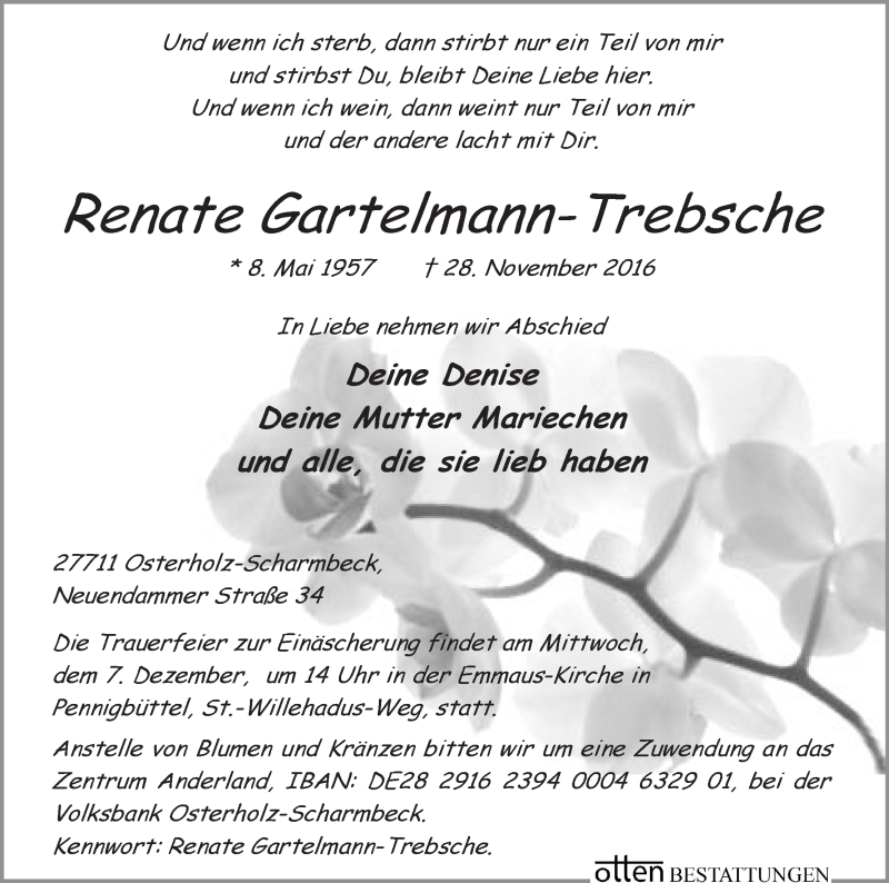 Traueranzeige von Renate Gartelmann-Trebsche von Osterholzer Kreisblatt