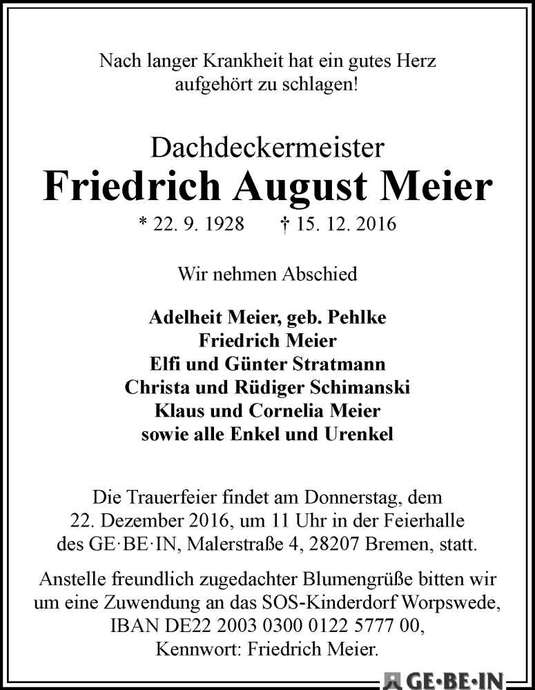 Traueranzeige von Friedrich August Meier von WESER-KURIER
